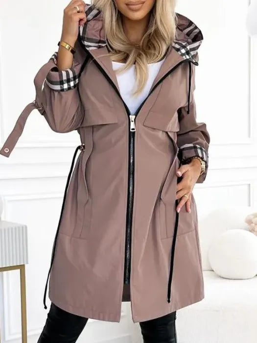 Brown waterproof zip coat with hood, plaid cuffs and front drawcord pockets