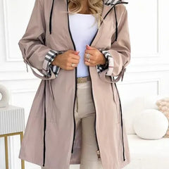 Brown waterproof zip coat with hood, plaid lining and adjustable drawcord hem