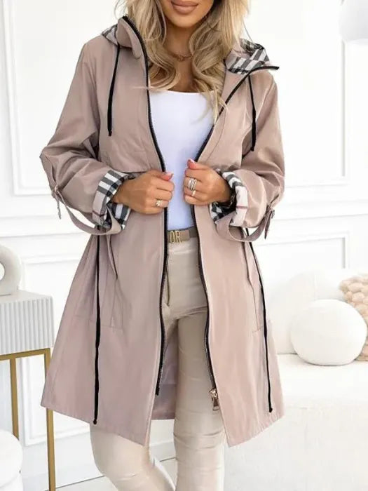 Brown waterproof zip coat with hood, plaid lining and adjustable drawcord hem