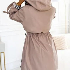 Beige waterproof zip coat with hood, plaid inner lining and gathered drawstring back