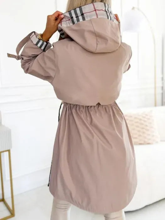 Beige waterproof zip coat with hood, plaid inner lining and gathered drawstring back