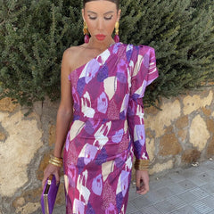 Yllana one-shoulder satin dress in purple, pink, and white abstract print
