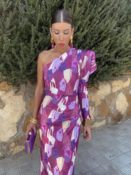 Yllana one-shoulder satin dress in purple, pink, and white abstract print