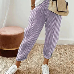 Lightweight striped trousers in lilac with cuffed ankle hem and relaxed legs