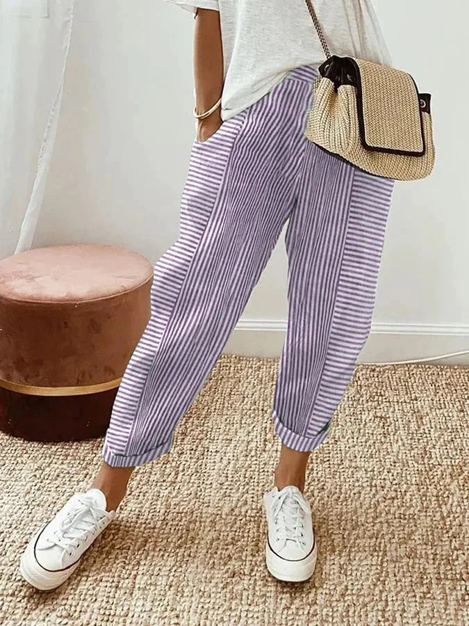 Lightweight striped trousers in lilac with cuffed ankle hem and relaxed legs