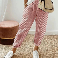 Classic striped trousers, red with white vertical stripes and cuffed hems