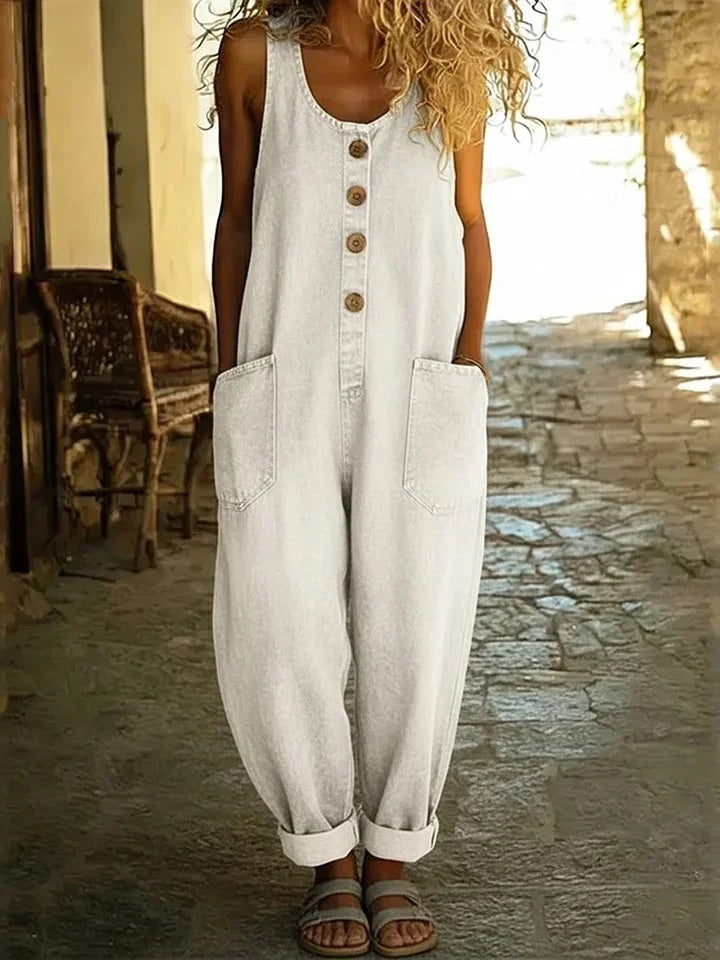 White wide-leg cotton denim pants with front button placket and side patch pockets