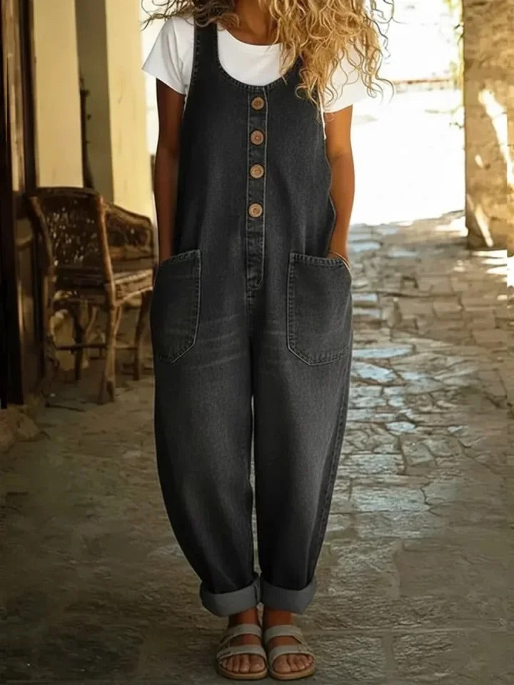Black wide-leg denim pants with front button placket and side patch pockets