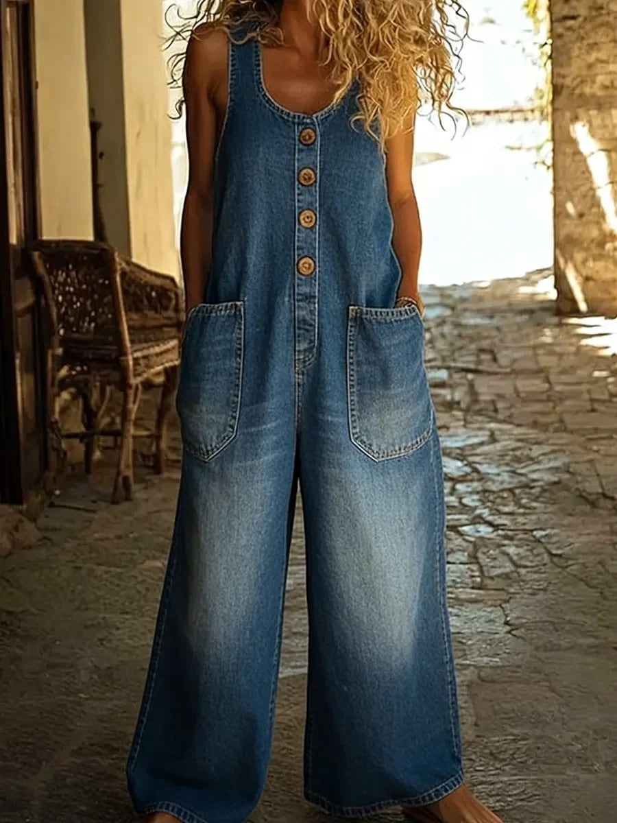 Blue wide-leg denim pants with front button placket and side patch pockets