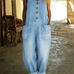 Light blue wide-leg denim pants with front button placket and side patch pockets