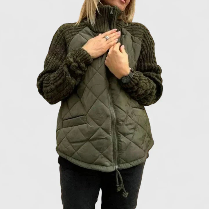 Quilted zip-up jacket in olive green with knit sleeves and stand collar