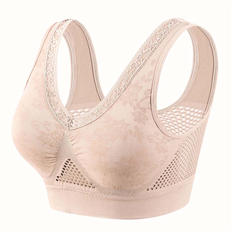 Nude seamless lace support bra, wide lace straps, mesh underbust panel