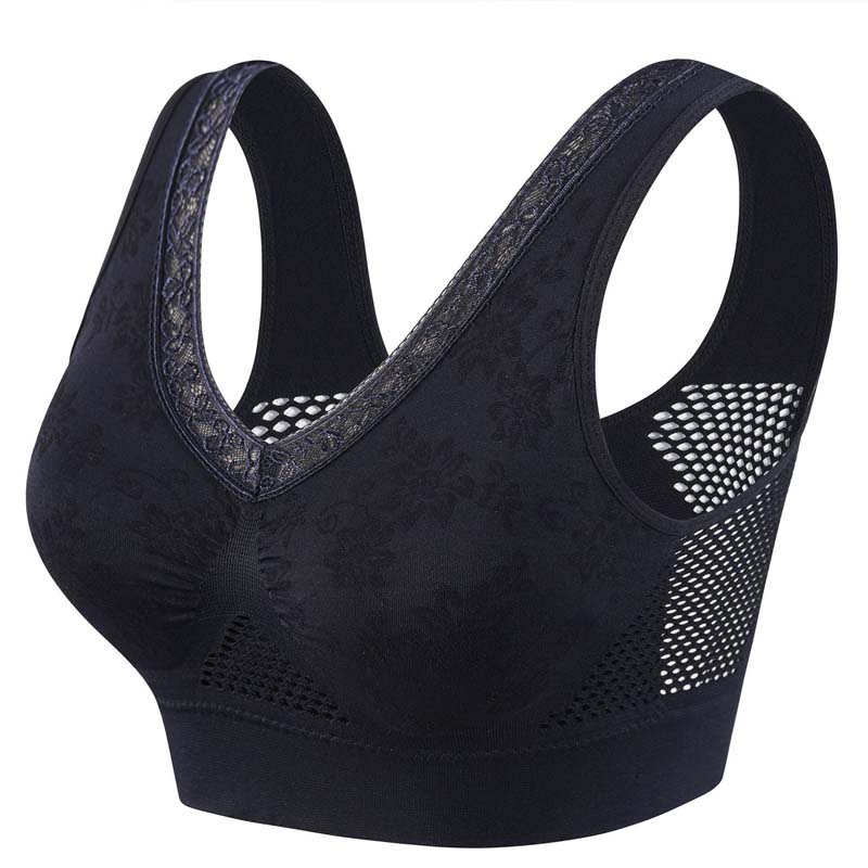 Black seamless lace support bra with wide lace straps and mesh cutout cups