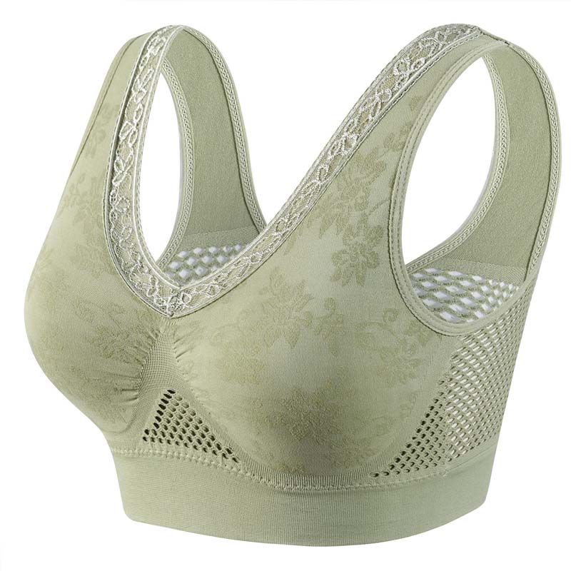 Green seamless lace support bra with wide lace straps and lace-trimmed cups