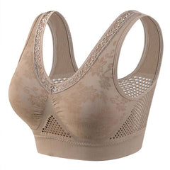 Brown seamless lace support bra with wide lace straps and mesh underbust panel
