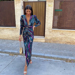 Blue and purple abstract print long-sleeve midi dress with ruched waist and thigh slit