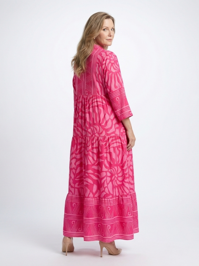 Pink button-front midi dress, 3/4 sleeves, tiered silhouette and allover pattern