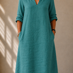 Teal classic V-neck midi dress with 3/4 sleeves and side tie pockets