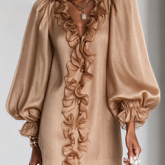 Brown ruffle-sleeve mini dress with layered ruffle front and elastic cuffs