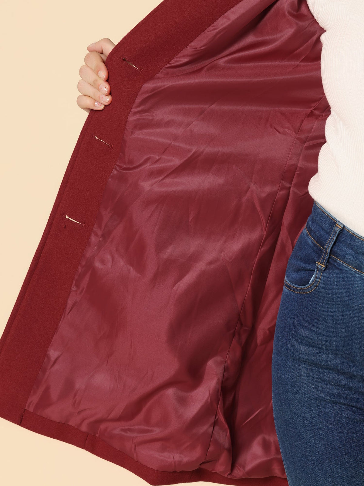 Dark red waterproof coat lining with inner panel and side seam