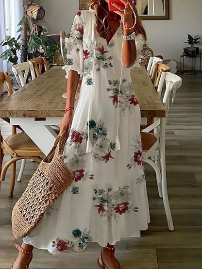 Boho tummy coverage dress, white with red and green floral short-sleeve tiered skirt