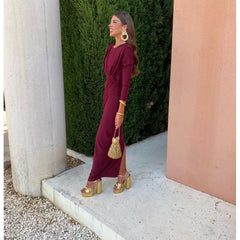 Burgundy long-sleeve midi dress with knot waist detail and side slit