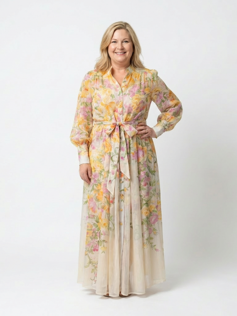 Floral sheer maxi dress, yellow with pink/green floral print and waist tie