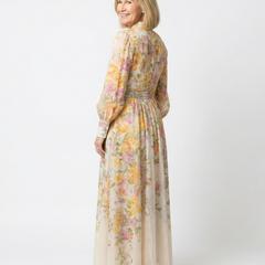 Floral sheer long-sleeve maxi dress, yellow base and pastel blossoms